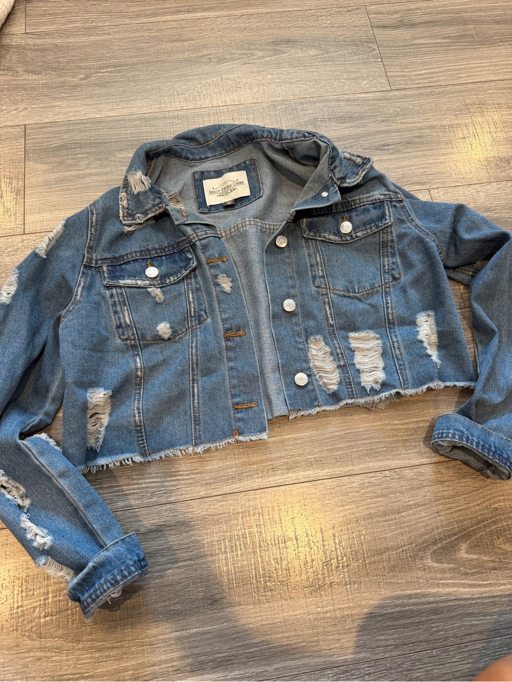 Cropped Distressed Denim Jacket - Light Blue